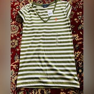 Women NWT Ralph Lauren Sport Olive & White Striped V‑Neck Tshirt